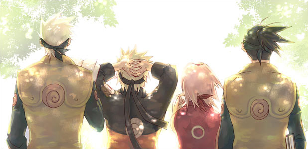 bandana black_hair blonde_hair book female forehead_protector group haruno_sakura hatake_kakashi headband jumpsuit male naruto naruto_shippuuden ninja pink_hair ponytail short_hair silver_hair sunlight sweatshirt tree umino_iruka uzumaki_naruto white_hair