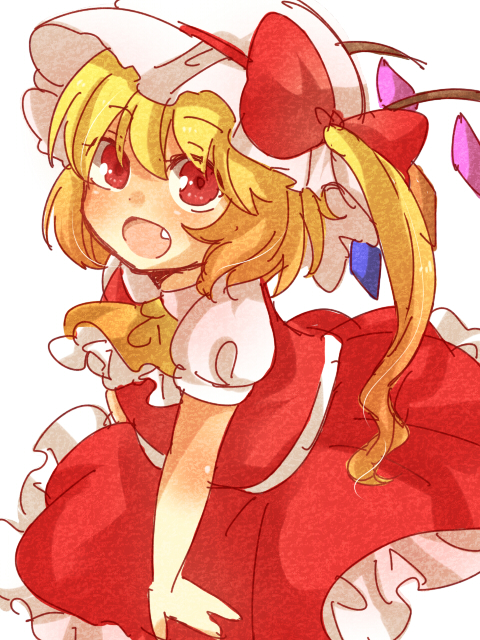 :d fang flandre_scarlet hat looking_up open_mouth red_eyes side_ponytail smile touhou zawameki