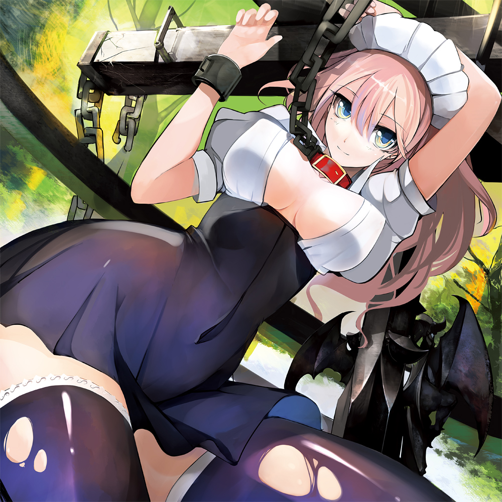 blue_eyes bondage breasts chain chained cleavage collar leash long_hair maid_headdress multicolored_eyes original pink_hair pupps slave solo takagi_(tansuke) thigh-highs thighhighs torn_clothes torn_thighhighs yellow_eyes