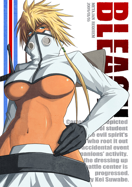 1girl arrancar bleach blonde_hair blue_eyes breasts copyright_name cropped_jacket dark_skin espada female gloves hand_on_hip high_collar kei-suwabe large_breasts long_hair lowres midriff navel revealing_clothes solo standing sword text tia_harribel underboob weapon
