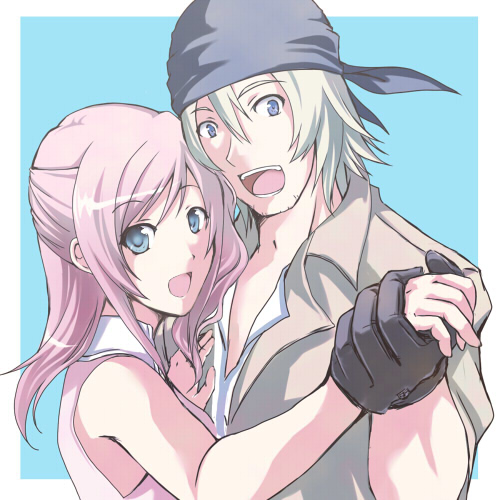 1girl :d bad_id bandana blonde_hair blue_eyes couple final_fantasy final_fantasy_xiii gloves holding_hands lowres microspace open_mouth pink_hair serah_farron smile snow_villiers
