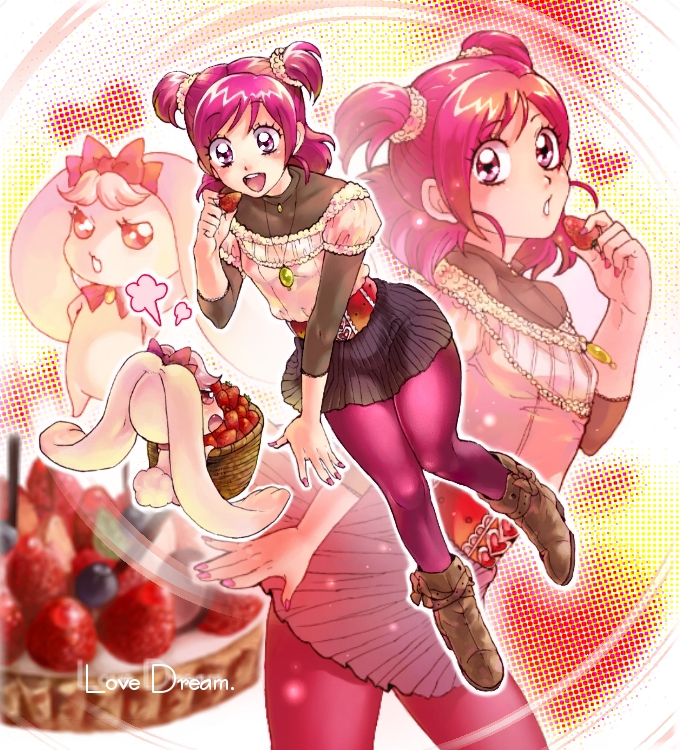 character_request halftone_background hitokui legs milk_(precure_5) miniskirt pantyhose pink_eyes pink_hair pink_legwear pink_pantyhose precure skirt two_side_up yes!_precure_5 yumehara_nozomi