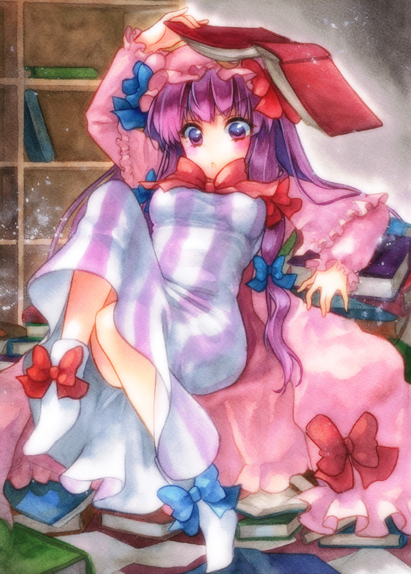 breasts crescent crescent_moon geroro hat long_hair patchouli_knowledge purple_eyes purple_hair touhou violet_eyes