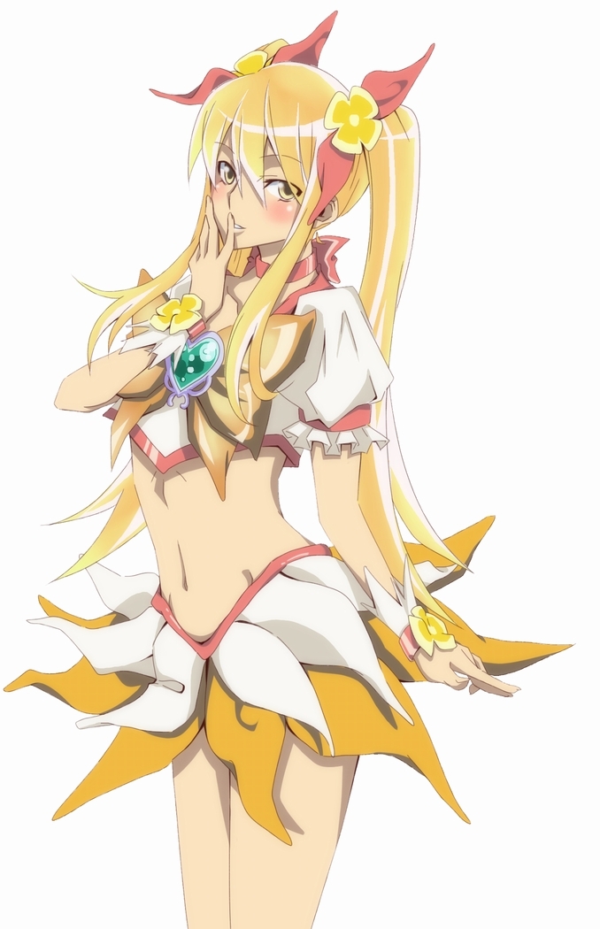 blonde_hair cosplay cure_sunshine cure_sunshine_(cosplay) hand_on_own_face heartcatch_precure! long_hair magical_girl male midriff myoudouin_itsuki myoudouin_satsuki navel orange_dress precure solo touryou trap twintails white_background yellow_eyes