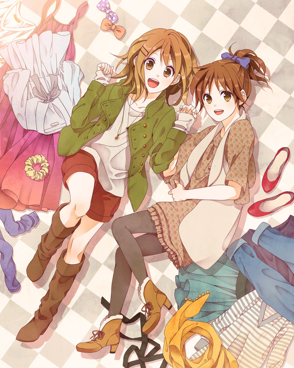 :d bad_id black_legwear black_pantyhose blouse boots bow brown_eyes brown_hair casual checkered checkered_floor clothes clothes_on_floor dress from_above hair_bow high_heels highres hirasawa_ui hirasawa_yui holding_hands jewelry k-on! knee_boots legs lying multiple_girls nagi_kanami on_back on_side open_mouth pantyhose pendant polka_dot ponytail ribbon scarf shadow shoes short_hair shorts siblings sisters skirt smile striped sweater