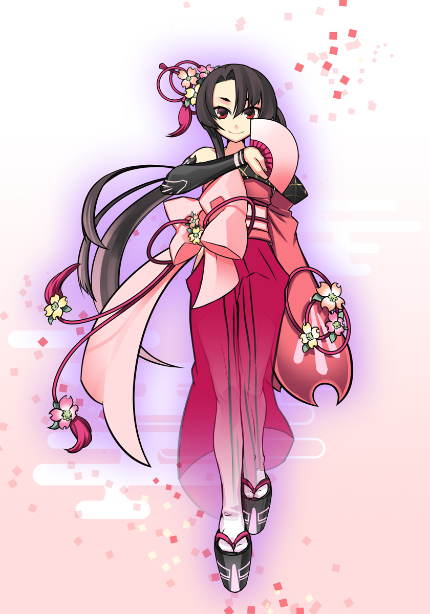 black_hair cherry_blossoms egasumi fan flower highres japanese_clothes kimono long_hair negi_(ulogbe) original ponytail red_eyes ribbon smile solo ulogbe vocaloid vy1
