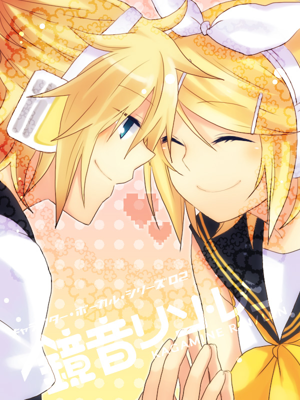 blue_eyes brother_and_sister closed_eyes colored hair_ornament hairclip heart kagamine_len kagamine_rin profile ryou_(pixiv247657) short_hair siblings smile tamura_hiro touching twins vocaloid