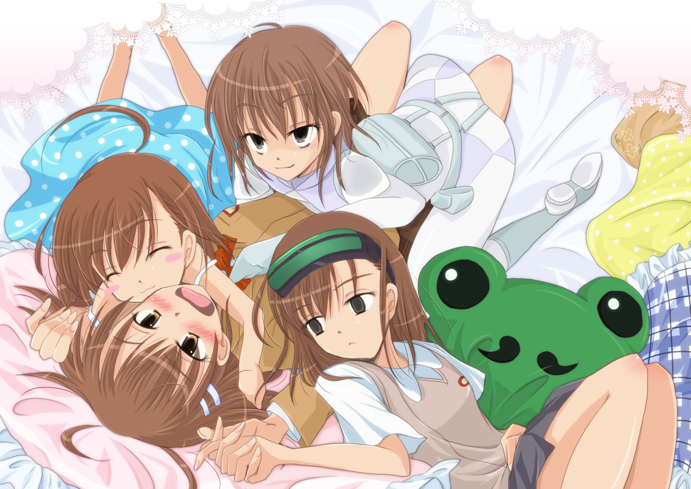 ahoge ass blush bodysuit brown_eyes brown_hair dress gekota hair_ornament hairpin head_mounted_display holding_hands hug last_order misaka_imouto misaka_mikoto misaka_worst multiple_girls nora-toro school_uniform siblings to_aru_kagaku_no_railgun to_aru_majutsu_no_index uniform yuri