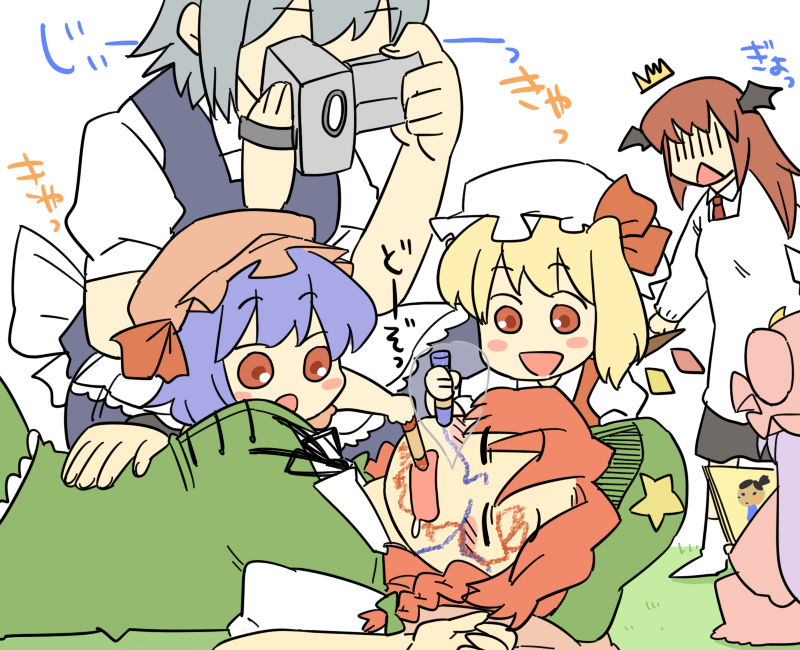 /\/\/\ :d :o apron baby blonde_hair blue_hair blush_stickers book braid camera drooling face_painting flandre_scarlet hat head_wings hong_meiling izayoi_sakuya koakuma koyama_shigeru maid no_eyes nose_bubble open_mouth patchouli_knowledge red_eyes red_hair remilia_scarlet short_hair side_ponytail silver_hair simple_background sleeping smile touhou wings young