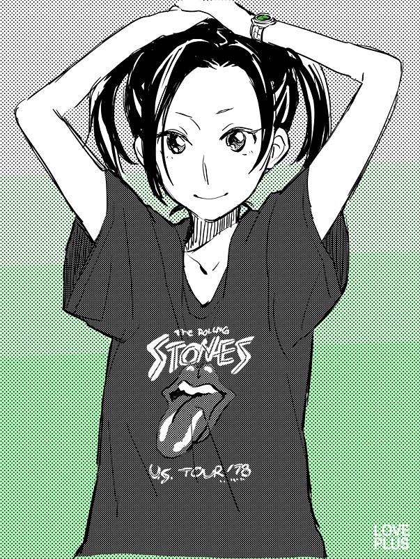 1girl arms_up casual clothes_writing face kobayakawa_rinko love_plus monochrome peg smile t-shirt the_rolling_stones title_drop twintails watch wristwatch