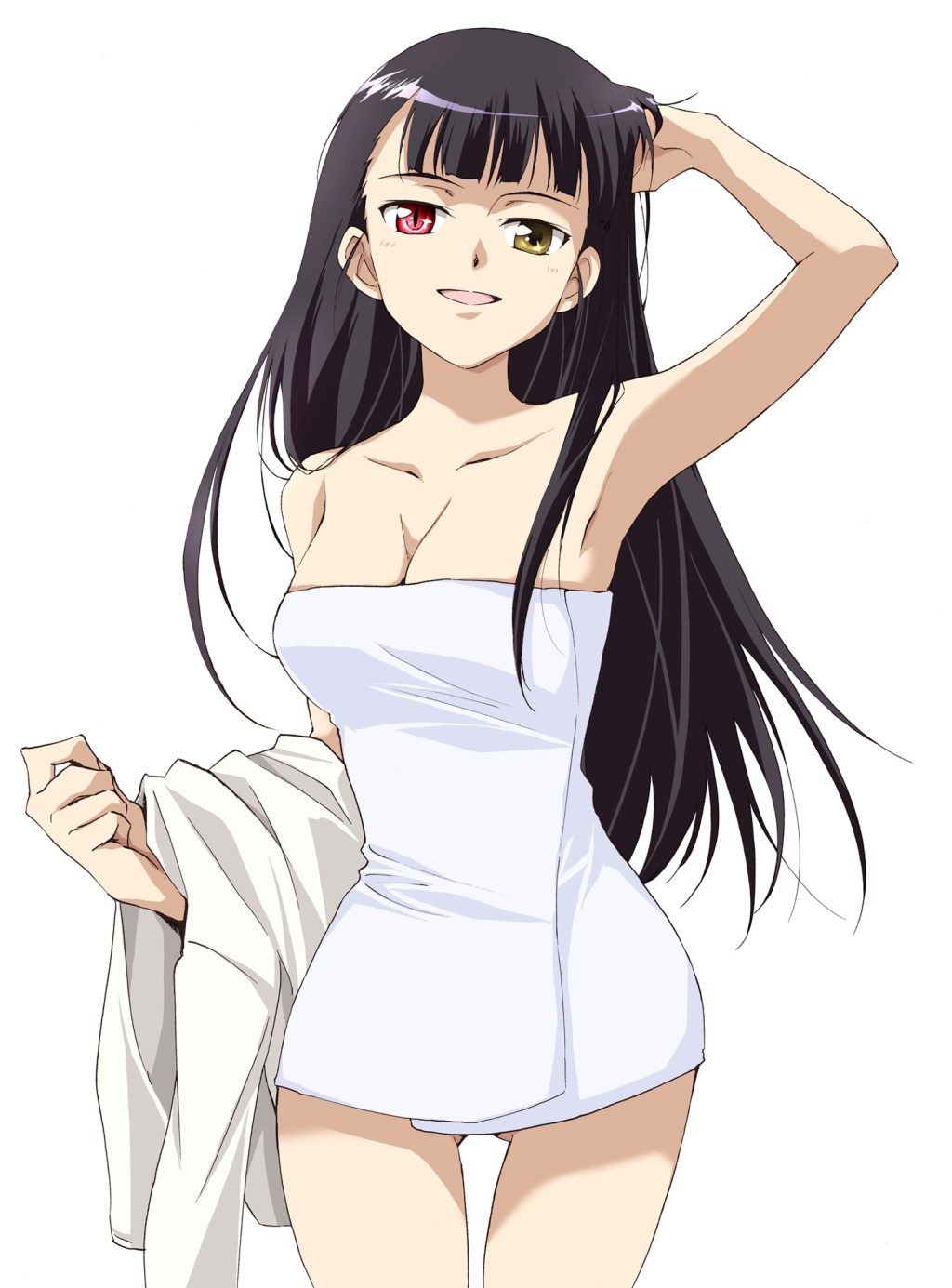 armpits black_hair breasts cleavage heterochromia highres impossible_towel naked_towel sakamoto_mio smile strike_witches towel