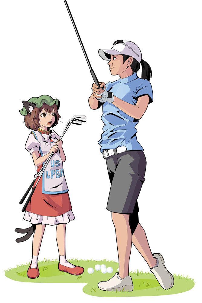 black_hair brown_hair caddy cat_ears cat_tail character_request chen golf golf_club hat miyazato_ai multiple_tails open_mouth pun simple_background standing sunglasses tail taishi_(moriverine) touhou