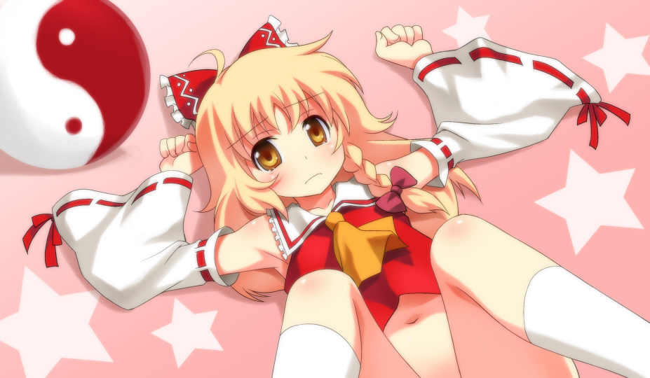 armpits ascot bad_id blonde_hair bottomless bow braid cosplay detached_sleeves hair_bow hair_ribbon hakurei_reimu hakurei_reimu_(cosplay) kirisame_marisa lying navel on_back ribbon short_hair solo spread_legs star tears touhou umekichi yellow_eyes yin_yang