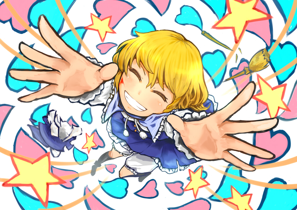 blonde_hair blood bloomers broken broom capelet closed_eyes cuts eyes_closed foreshortening from_above grin hands happy heart injury kirisame_marisa kouzilow outstretched_hand perspective smile solo star touhou