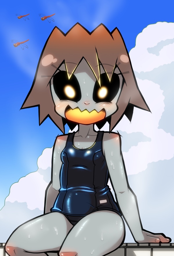 :d black_sclera blush brown_hair cloud clouds dragonfly gradient_hair grey_skin multicolored_hair one-piece_swimsuit open_mouth personification school_swimsuit short_hair sitting smile solo soxy sweat swimsuit volcano