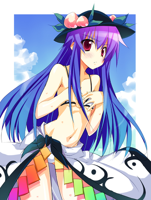 bikini bikini_top blush breasts cloud covering covering_breasts flat_chest food frown fruit gradient_hair hat hinanawi_tenshi long_hair minase multicolored_hair peach red_eyes sarong sky solo swimsuit touhou underboob