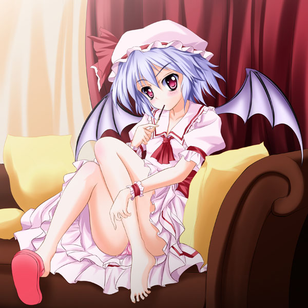 bat_wings blue_hair blush curtains cushion feet hat indoors legs millelunar panties pocky red_eyes remilia_scarlet shoe_dangle short_hair single_shoe sitting solo touhou underwear wings