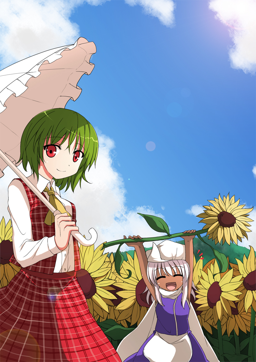 :d arms_up ascot closed_eyes cloud dark_skin flower flower_field green_hair happy hat kazami_yuuka lens_flare letty_whiterock meneru mountain multiple_girls nature open_mouth parasol plaid plaid_skirt plaid_vest red_eyes short_hair skirt skirt_set smile sunflower tan touhou umbrella white_hair young