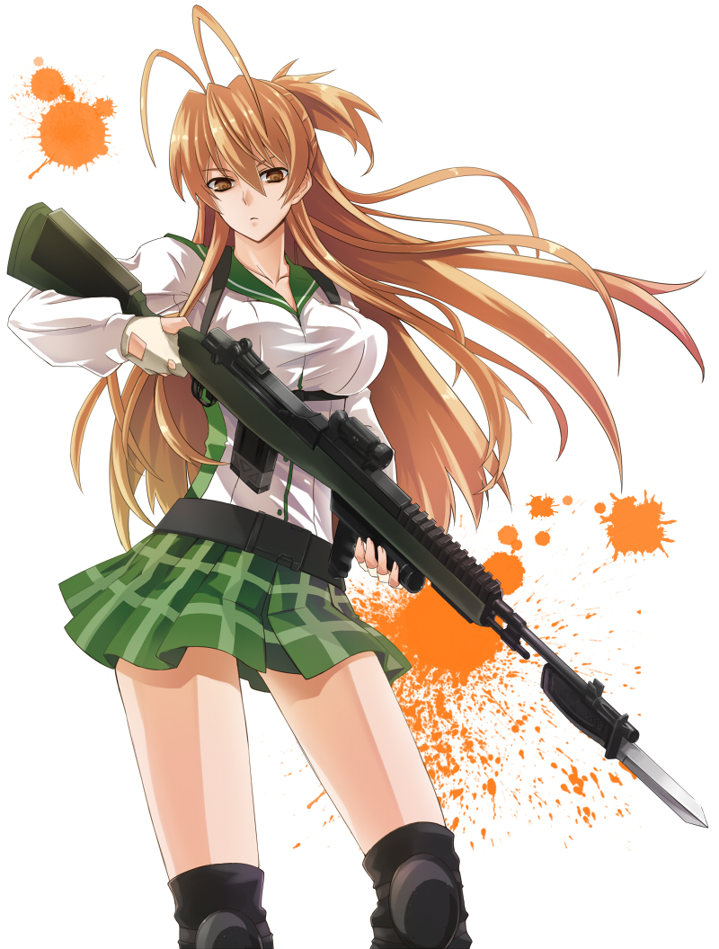 assault_rifle battle_rifle bayonet breasts brown_eyes brown_hair fingerless_gloves gloves gun highschool_of_the_dead large_breasts long_hair m14 miyamoto_rei orange_hair plaid plaid_skirt prime rifle school_uniform scope skirt solo tartan taut_shirt weapon