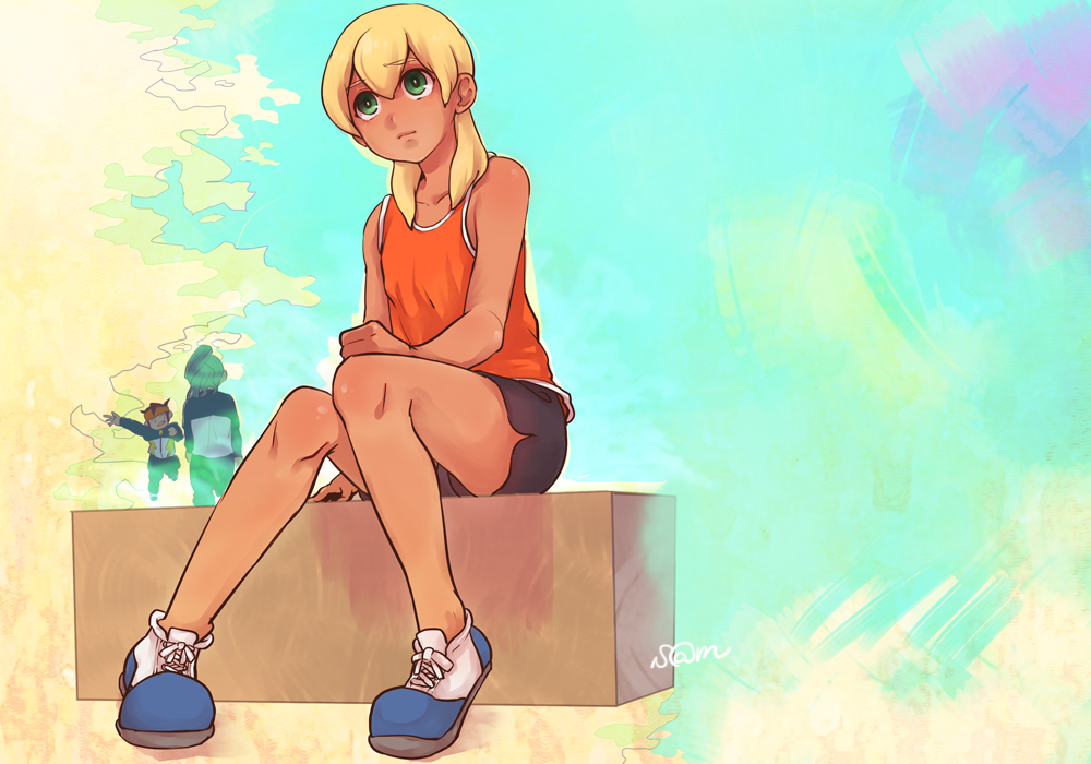 blonde_hair endou_mamoru green_eyes inazuma_eleven kazemaru_ichirouta md5_mismatch miyasaka_ryou no_socks pettan_(satm) shoes shorts sitting sky sneakers tan tank_top trap