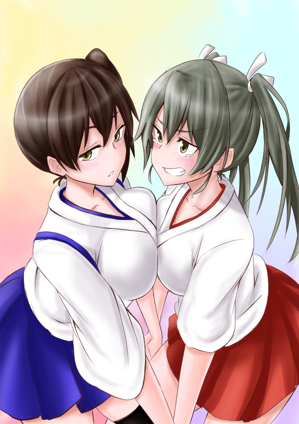 2girls blush breast_press brown_eyes brown_hair green_hair hair_ribbon hakama hakama_skirt japanese_clothes kaga_(kantai_collection) kamidanomi kantai_collection long_hair multiple_girls ribbon side_ponytail symmetrical_docking tears thigh-highs twintails white_ribbon zuikaku_(kantai_collection)