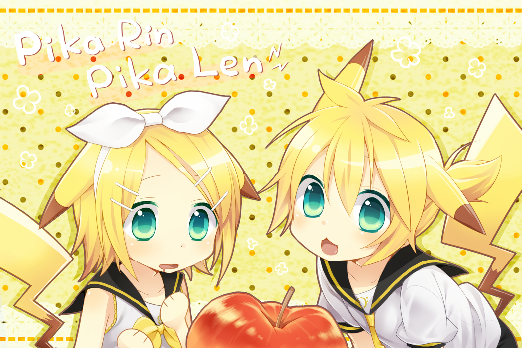 apple aqua_eyes blonde_hair brother_and_sister food fruit hair_ornament hair_ribbon hairclip kagamine_len kagamine_rin kemonomimi_mode kuu_(0427) necktie pikachu pokemon ribbon saliva short_hair siblings tail twins vocaloid