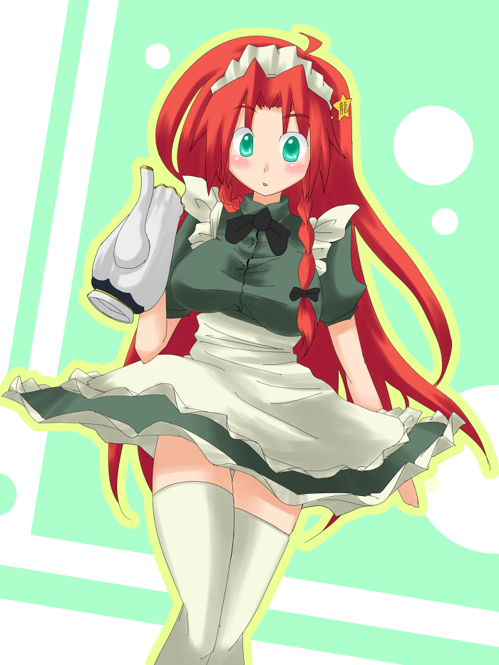 ahoge alternate_costume aqua_eyes braid breasts drosselmeier enmaided hong_meiling large_breasts long_hair maid maid_headdress red_hair solo teapot thigh-highs thighhighs touhou twin_braids white_legwear