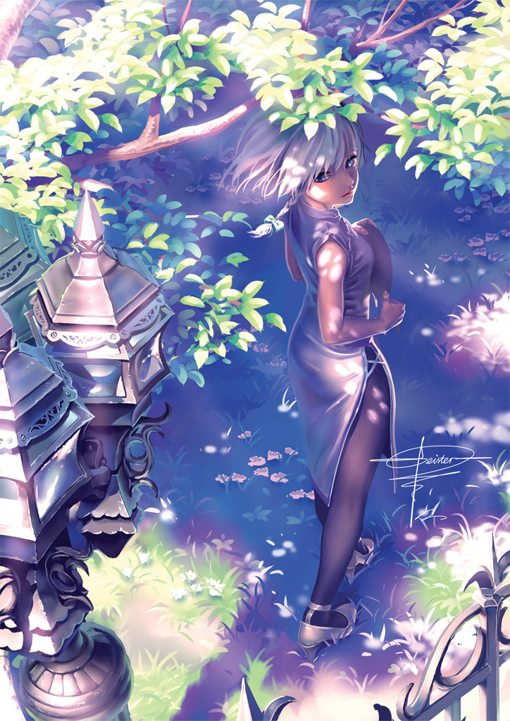 alternate_costume blue_eyes braid china_dress chinese_clothes geister high_heels izayoi_sakuya lamppost no_lineart pantyhose shoes short_hair signature solo touhou tree tree_shade under_tree white_hair