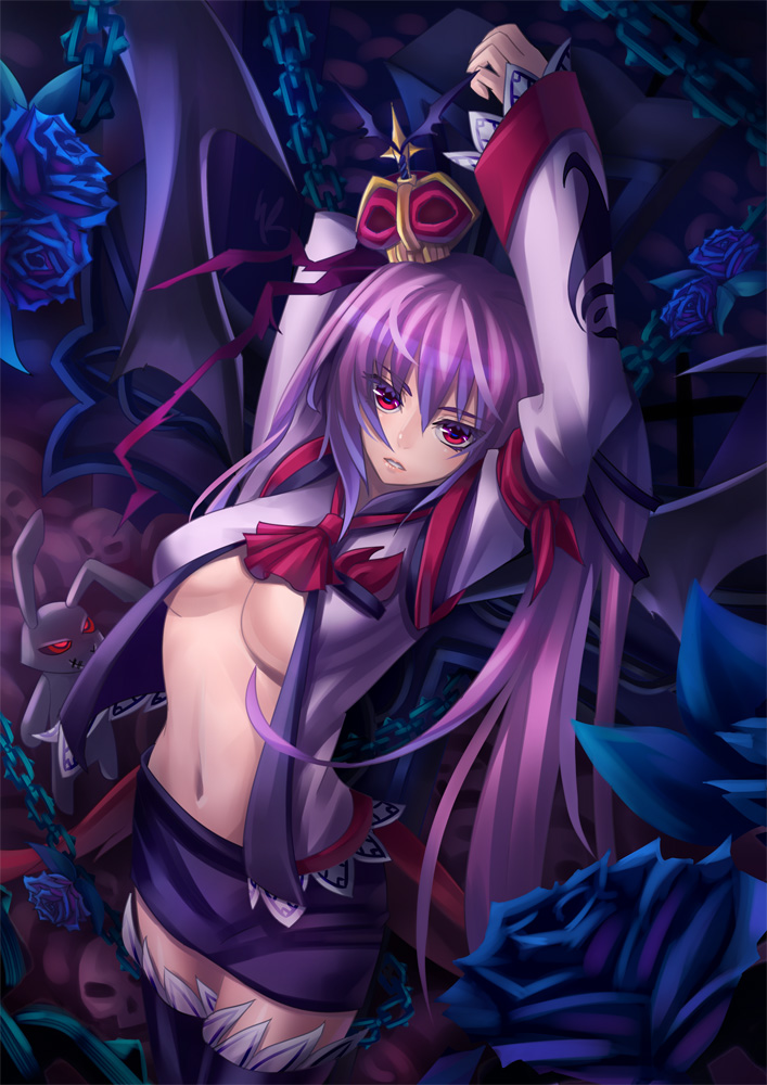 blue_rose bondage breasts chain cleavage crown evil flower glowing glowing_eyes kaizeru long_hair navel open_clothes open_shirt otacool pink_hair purple_hair queen red_eyes rose shirt skirt stuffed_animal stuffed_bunny stuffed_toy thigh-highs thighhighs underboob zettai_ryouiki
