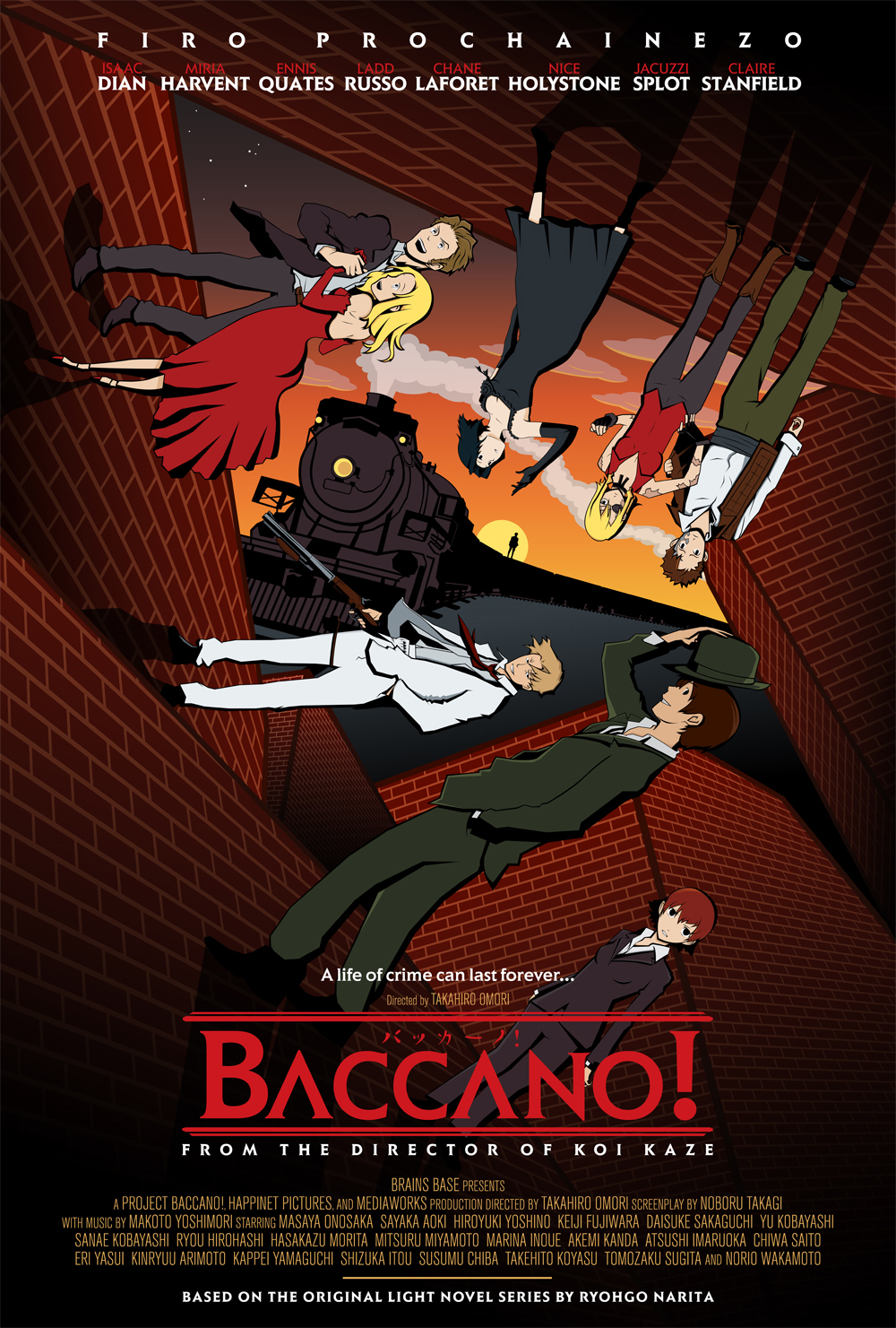 baccano! benhuber black_hair blonde_hair brown_hair chane_laforet claire_stanfield crossover drawfag dress elbow_gloves english ennis eyepatch firo_prochainezo formal gloves gun hat highres homunculus inception isaac_dian jacuzzi_splot ladd_russo long_hair miria_harvent movie_poster nice_holystone parody poster red_hair scar short_hair smile suit sunset tattoo train vest weapon white_suit