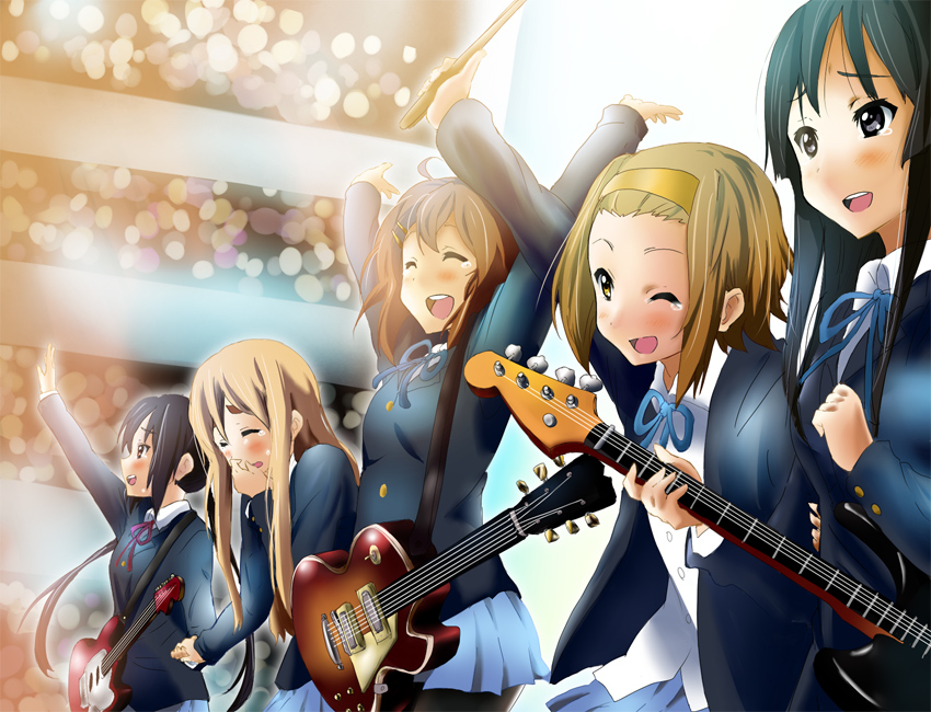 \o/ akiyama_mio arms_up bass_guitar black_eyes black_hair blonde_hair blush brown_eyes brown_hair closed_eyes drumsticks electric_guitar guitar hair_ornament hairband hairclip happy hatasuke hirasawa_yui holding_hands instrument k-on! kotobuki_tsumugi long_hair multiple_girls nakano_azusa open_mouth outstretched_arms pantyhose salute school_uniform short_hair smile tainaka_ritsu tears twintails wink