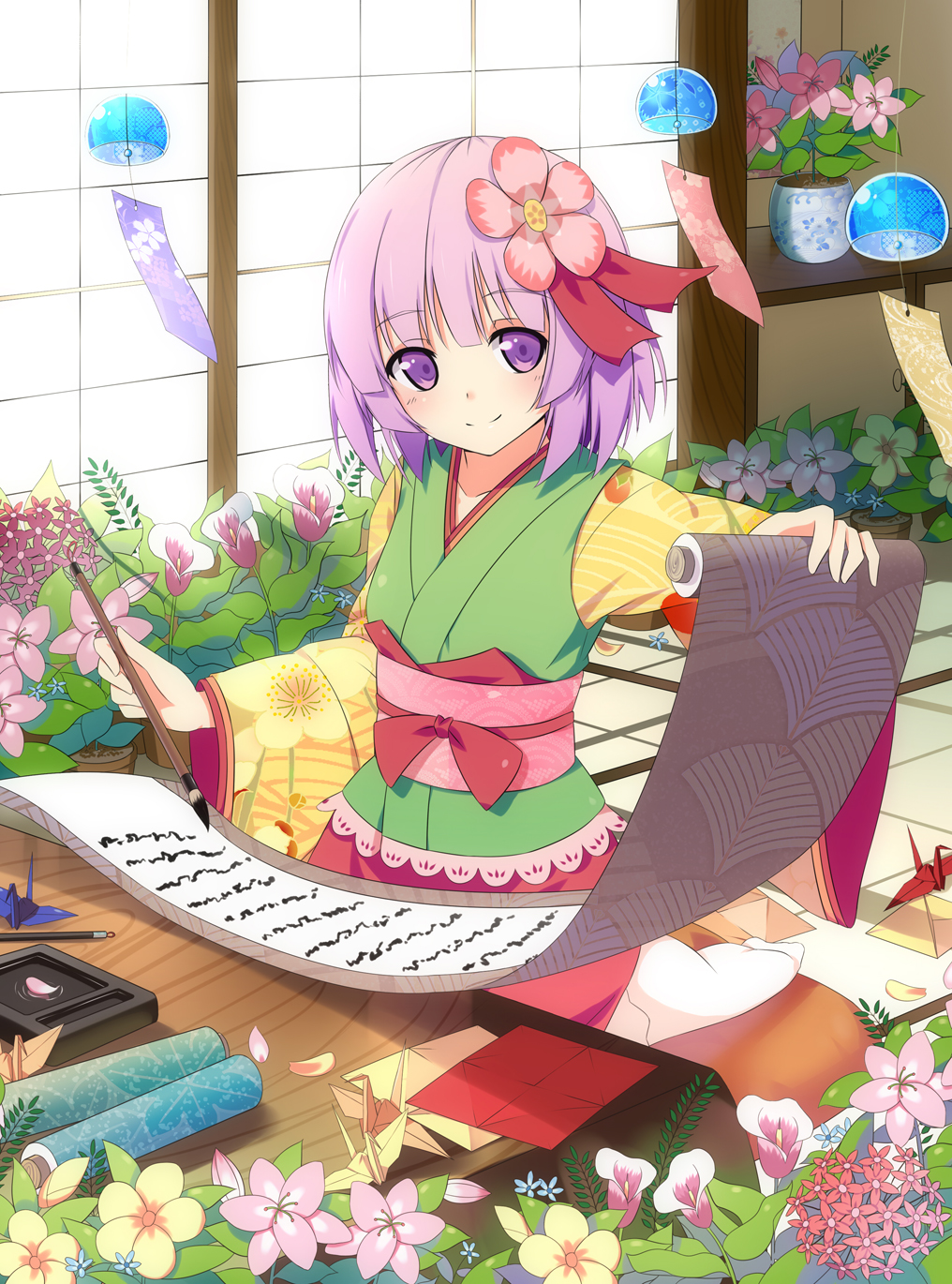 calla_lily d2c flower hair_flower hair_ornament hieda_no_akyuu highres japanese_clothes paintbrush paper paper_crane plant potted_plant purple_eyes purple_hair scroll seiza short_hair sitting smile solo touhou violet_eyes wind_chime