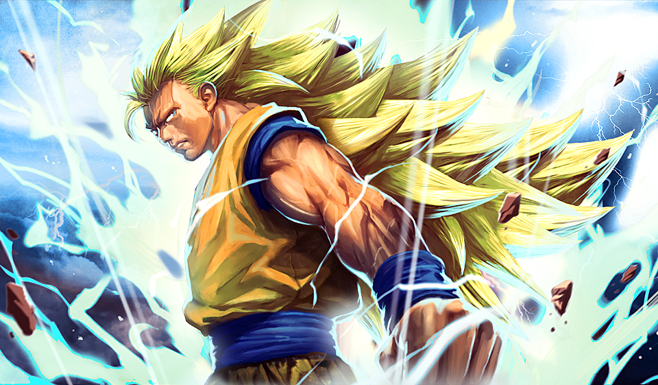 1boy aura blonde_hair blue_eyes clenched_hand debris dragon_ball dragon_ball_z lightning long_hair longai son_gokuu spiky_hair super_saiyan super_saiyan_3 wristband