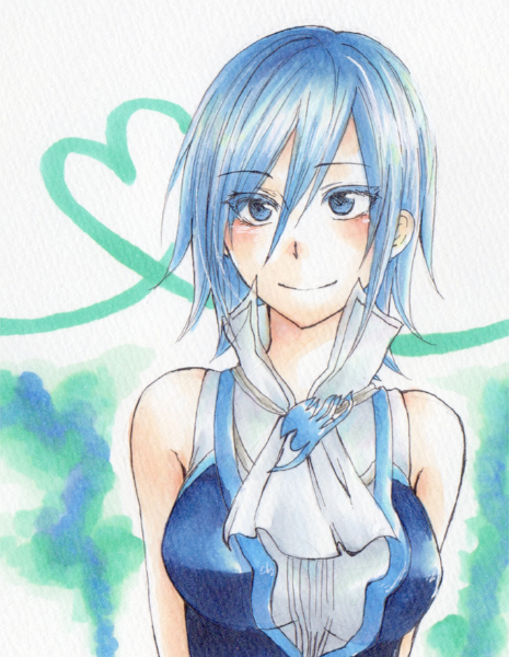 bare_shoulders blue_eyes blue_hair blush chino-t collar cravat fairy_tail heart juvia_loxar lowres sleeveless smile solo traditional_media vest