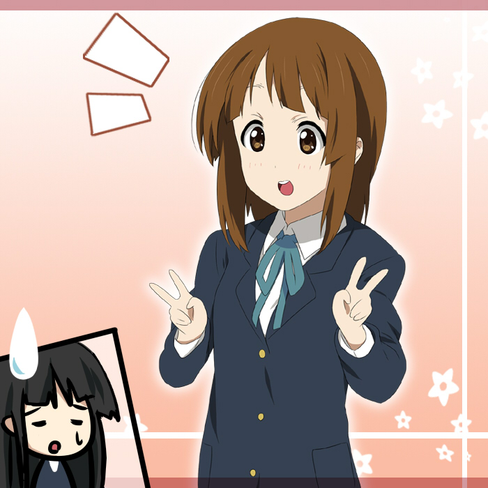 2girls akiyama_mio alternate_hairstyle black_hair blazer brown_eyes brown_hair face hime_cut hirasawa_yui ikari_manatsu k-on! long_hair multiple_girls open_mouth ribbon school_uniform short_hair sidelocks sweatdrop v