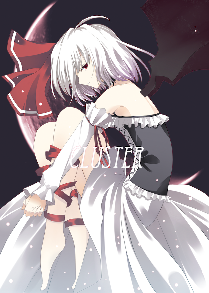 alternate_costume bare_shoulders bat_wings choker detached_sleeves dress hair_ribbon leg_hug red_eyes remilia_scarlet ribbon silver_hair solo touhou wings yuu_yamiyo