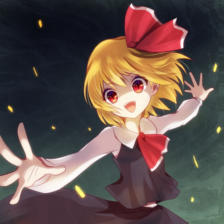 &gt;:) :d blonde_hair fangs hair_ribbon nunucco open_mouth outstretched_arms outstretched_hand red_eyes ribbon rumia short_hair slit_pupils smile solo spread_arms touhou