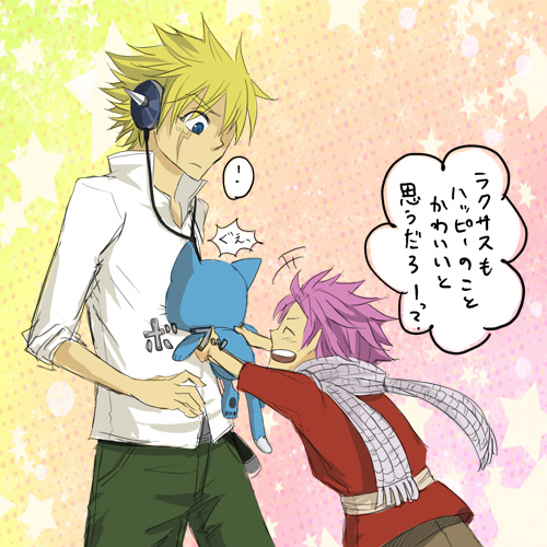 ! 2boys ^_^ blonde_hair blue_eyes cat child fairy_tail ginger_(niningasi) happy_(fairy_tail) headphones laxus_dreyar multiple_boys natsu_dragneel open_mouth pink_hair scar scarf shirt teenager translation_request young