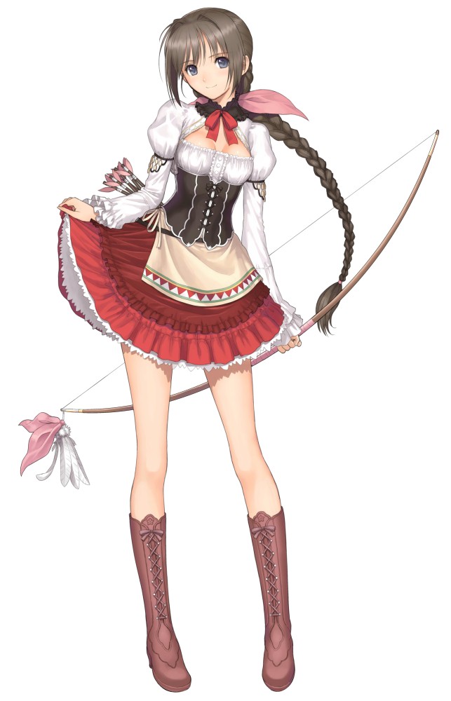 archer boots bow_(weapon) braid breasts cleavage dress hair_ribbon jpeg_artifacts knee_boots legs long_legs neris neris_(shining_hearts) petticoat red_ribbon ribbon shining_(series) shining_hearts single_braid skirt_hold smile taka_tony weapon