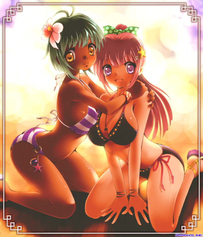 bikini dark_skin dr_rex flower green_hair long_hair multiple_girls original pink_eyes ponytail red_hair redhead sandals short_hair swimsuit yellow_eyes