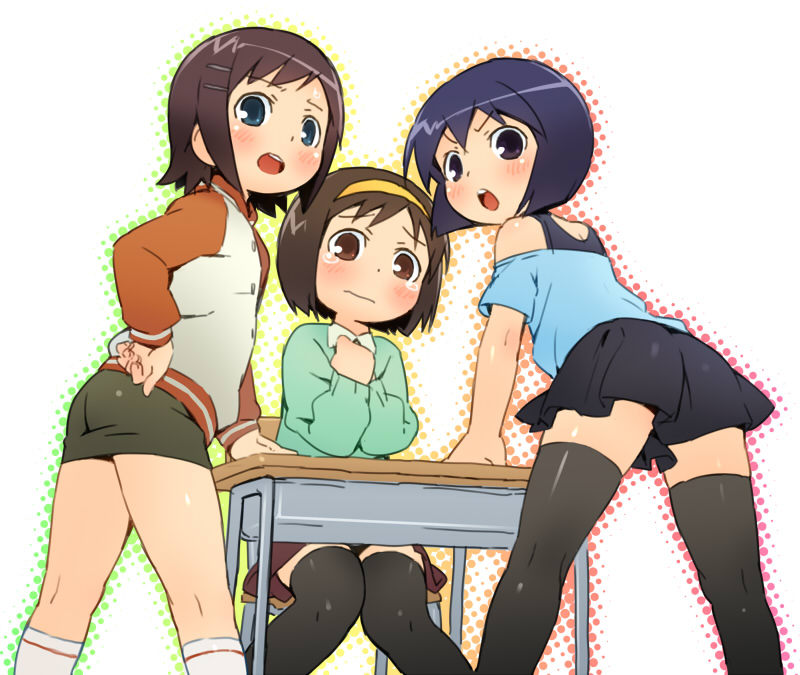 ass black_eyes black_hair blue_eyes blush brown_eyes brown_hair character_request headband legs looking_back mitsudomoe multiple_girls om_(artist) short_hair sitting tears thigh-highs thighhighs zettai_ryouiki