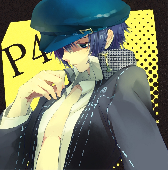 androgynous blue_eyes blue_hair breasts cabbie_hat cleavage hat jacket looking_down no_bra open_clothes open_shirt persona persona_4 popped_collar reverse_trap school_uniform shirogane_naoto shirt short_hair solo tyuraba