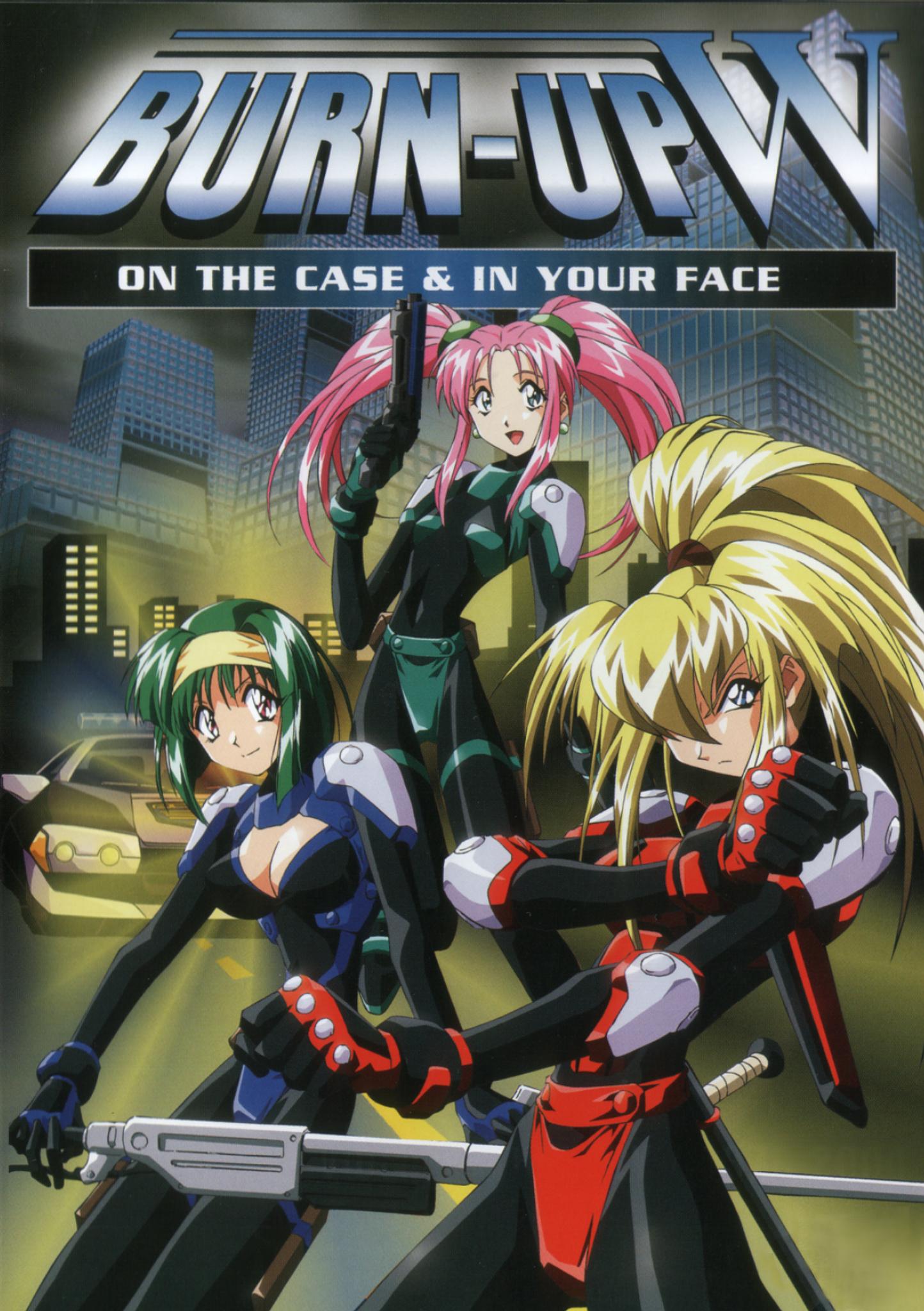 bangs blonde_hair blue_eyes bodysuit breasts burn-up burn-up_w car city cover dvd_cover earrings gloves green_hair gun hairband handgun headband highres jewelry jingu_maya kinezono_rio lilica_ebett long_hair motor_vehicle multiple_girls night open_mouth ponytail red_eyes rifle smile twintails vehicle weapon