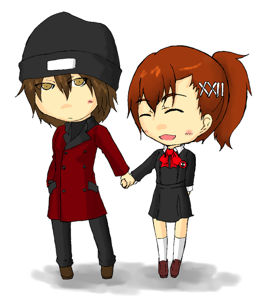 aragaki_shinjirou chibi couple female_protagonist_(persona_3) holding_hands persona persona_3 persona_3_portable