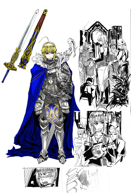 armor blonde_hair blue_eyes blush caliburn cape comic fate/stay_night fate_(series) helmet knight mirror monochrome pixiv_manga_sample saber servant sheath sword todee weapon