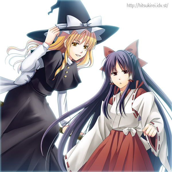 blonde_hair bow hakurei_reimu hakurei_reimu_(pc-98) hat hitsuki_rei japanese_clothes kirisame_marisa kirisame_marisa_(pc-98) miko multiple_girls purple_hair touhou touhou_(pc-98) witch_hat