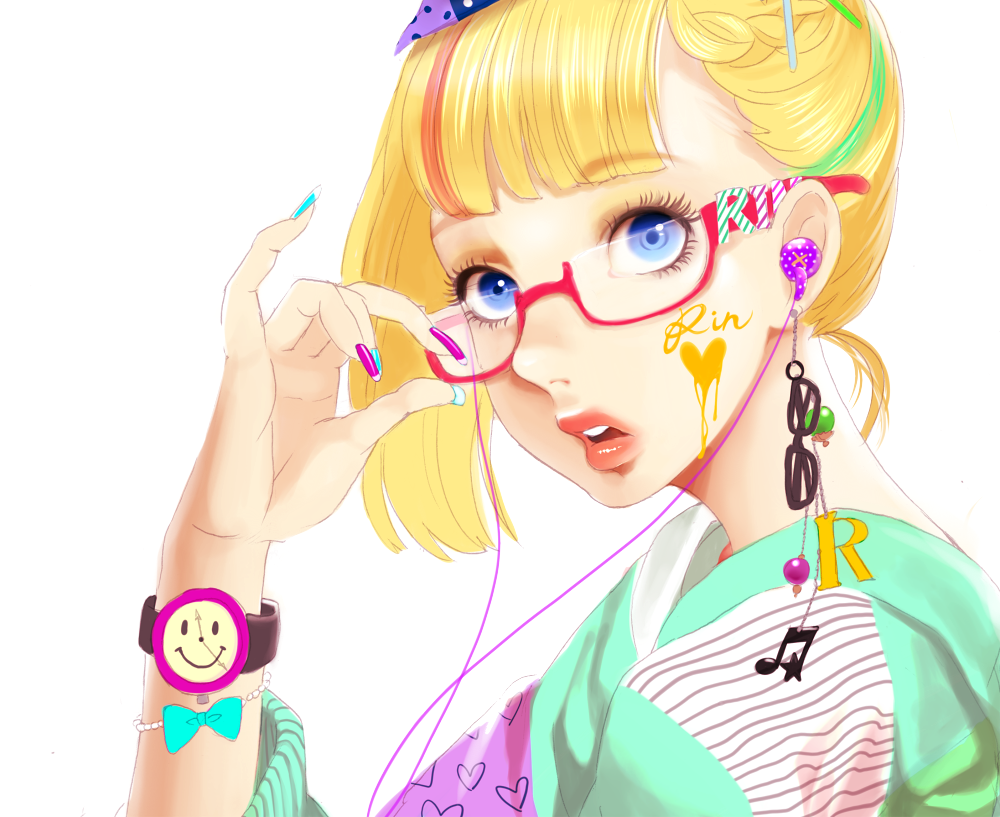 bad_id bangs bespectacled blonde_hair blue_eyes blunt_bangs bracelet earbuds earrings eyelashes face facepaint fancy_glasses glasses heart highlights jewelry kagamine_rin lips lipstick minami_haruya musical_note nail_polish simple_background star striped vocaloid watch wristwatch