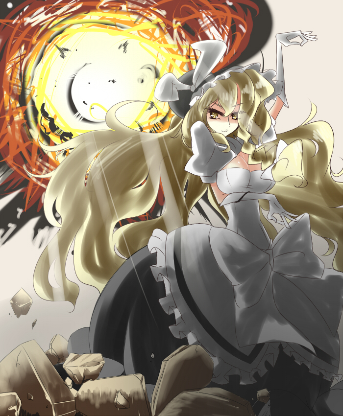 bonnet braid breasts cleavage explosion gloves invincible_marisa kirisame_marisa long_hair new_super_marisa_land touhou urimono yellow_eyes