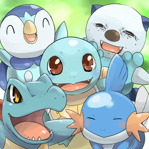 arms_up brown_eyes closed_eyes everyone fangs freckles happy iyoda_mato mudkip no_humans oshawott piplup pokemon pokemon_(creature) squirtle totodile troll_face yellow_eyes