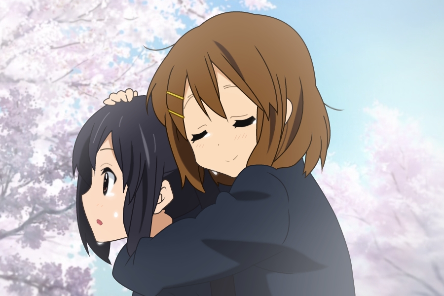 2girls black_eyes black_hair brown_hair closed_eyes hair_ornament hairclip hand_on_head hirasawa_yui hug hug_from_behind k-on! multiple_girls nakano_azusa open_mouth profile school_uniform short_hair smile tears tree